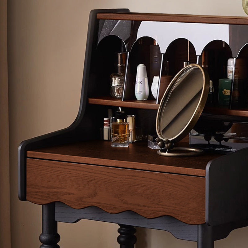 Modern Retro Solid Wood Vanity Desk with Arch Mirror and Roman-Column Accents, Includes Matching Stool for Bedroom