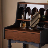 Modern Retro Solid Wood Vanity Desk with Arch Mirror and Roman-Column Accents, Includes Matching Stool for Bedroom