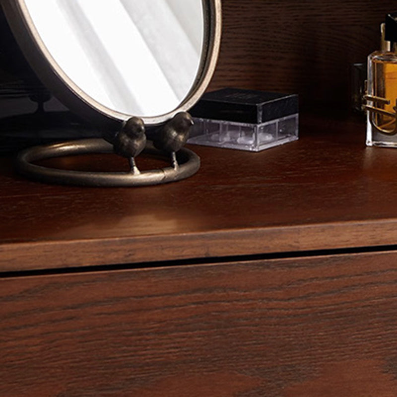 Modern Retro Solid Wood Vanity Desk with Arch Mirror and Roman-Column Accents, Includes Matching Stool for Bedroom