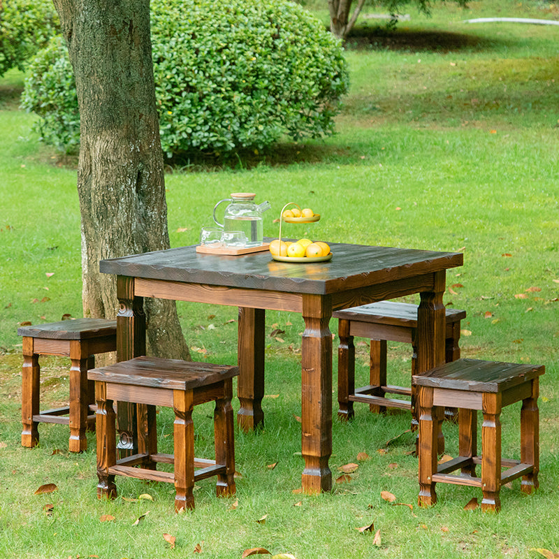 Stylish Contemporary Retro Solid Wood Square Outdoor Coffee Table & Stool Set for Patio