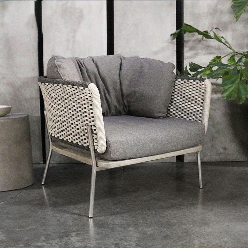 Contemporary Scandinavian Rope-Weave Outdoor Coffee Table & Chair Set with Aluminum Alloy Slab Top – Square Patio Furniture