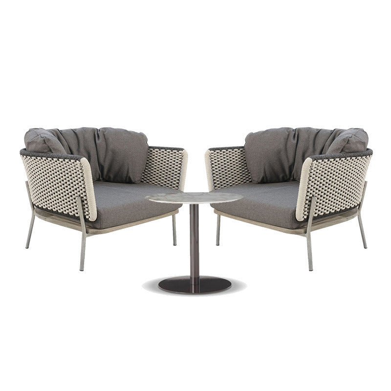 Contemporary Scandinavian Rope-Weave Outdoor Coffee Table & Chair Set with Aluminum Alloy Slab Top – Square Patio Furniture