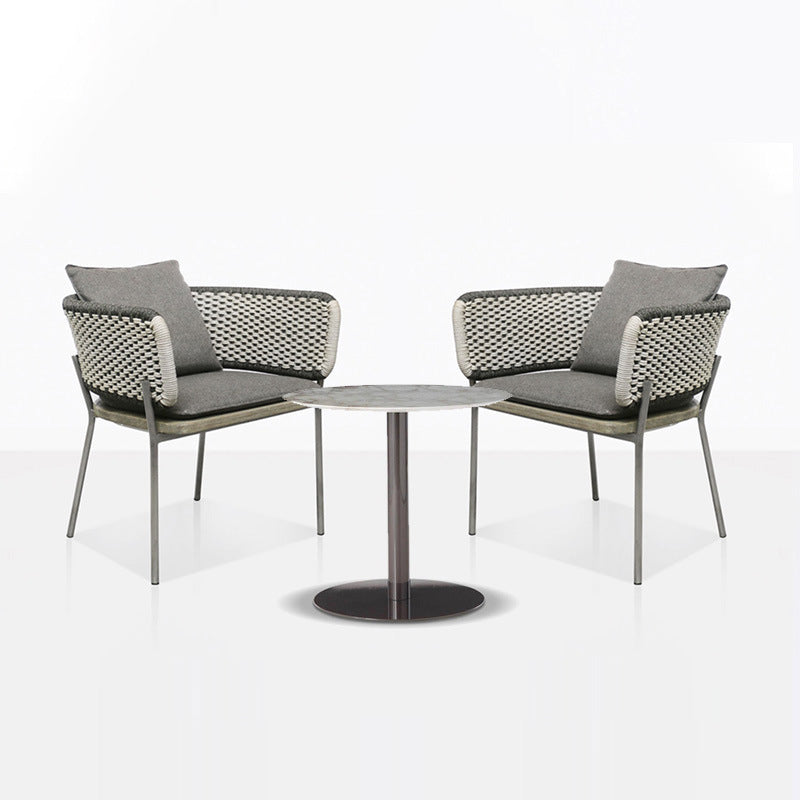 Contemporary Scandinavian Rope-Weave Outdoor Coffee Table & Chair Set with Aluminum Alloy Slab Top – Square Patio Furniture