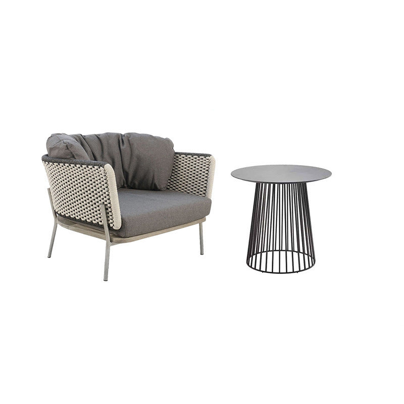Contemporary Scandinavian Rope-Weave Outdoor Coffee Table & Chair Set with Aluminum Alloy Slab Top – Square Patio Furniture