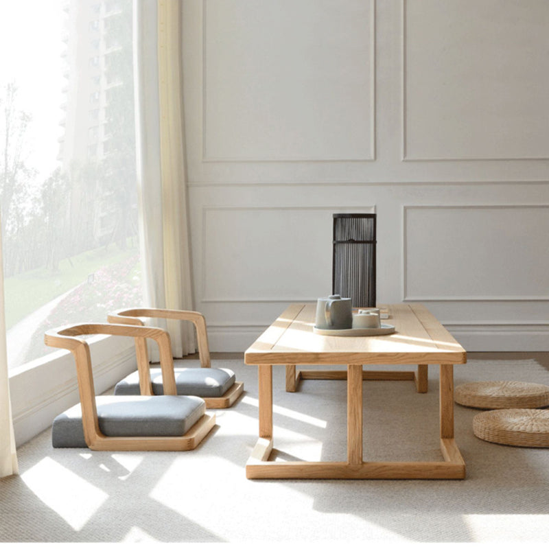 Elegant Traditional Japanese Ash Wood Rectangular Low Coffee Table and Chair Set for Living Room