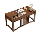 Traditional Chinese Solid Rubber Wood and Brass Rectangular Desk & Chair Set with Vertical Beam, 3-Drawer Storage for Home Office