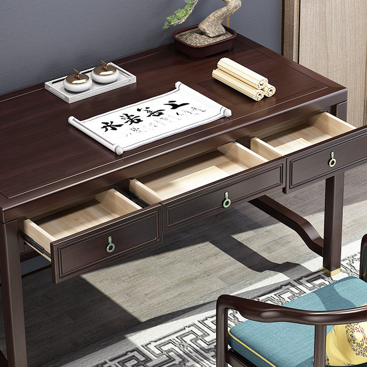 Traditional Chinese Solid Rubber Wood and Brass Rectangular Desk & Chair Set with Vertical Beam, 3-Drawer Storage for Home Office
