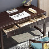 Traditional Chinese Solid Rubber Wood and Brass Rectangular Desk & Chair Set with Vertical Beam, 3-Drawer Storage for Home Office