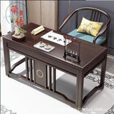 Traditional Chinese Solid Rubber Wood and Brass Rectangular Desk & Chair Set with Vertical Beam, 3-Drawer Storage for Home Office