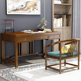 Traditional Chinese Solid Rubber Wood and Brass Rectangular Desk & Chair Set with Vertical Beam, 3-Drawer Storage for Home Office