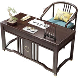 Traditional Chinese Solid Rubber Wood and Brass Rectangular Desk & Chair Set with Vertical Beam, 3-Drawer Storage for Home Office