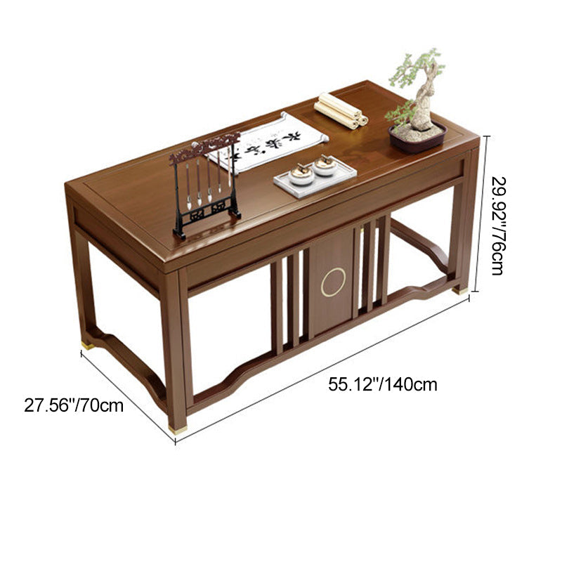 Traditional Chinese Solid Rubber Wood and Brass Rectangular Desk & Chair Set with Vertical Beam, 3-Drawer Storage for Home Office
