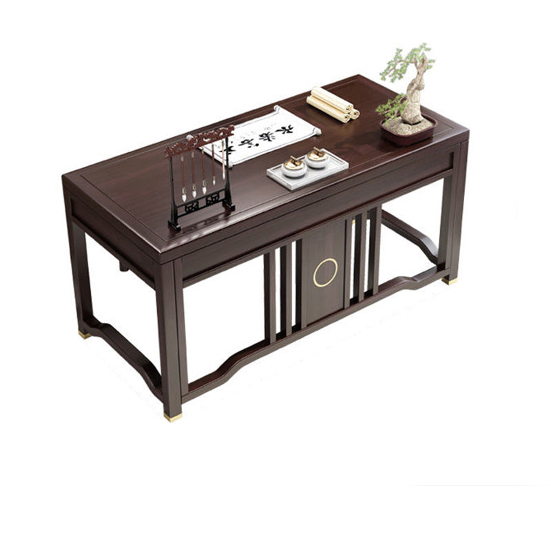 Traditional Chinese Solid Rubber Wood and Brass Rectangular Desk & Chair Set with Vertical Beam, 3-Drawer Storage for Home Office