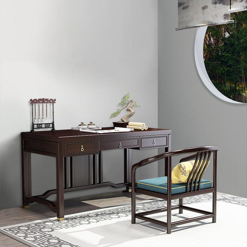 Traditional Chinese Solid Rubber Wood and Brass Rectangular Desk & Chair Set with Vertical Beam, 3-Drawer Storage for Home Office