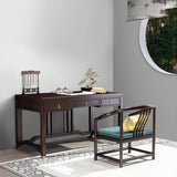 Traditional Chinese Solid Rubber Wood and Brass Rectangular Desk & Chair Set with Vertical Beam, 3-Drawer Storage for Home Office
