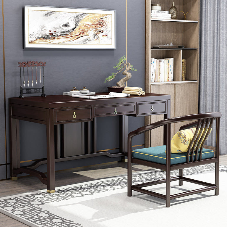 Traditional Chinese Solid Rubber Wood and Brass Rectangular Desk & Chair Set with Vertical Beam, 3-Drawer Storage for Home Office