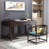 Traditional Chinese Solid Rubber Wood and Brass Rectangular Desk & Chair Set with Vertical Beam, 3-Drawer Storage for Home Office