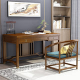 Traditional Chinese Solid Rubber Wood and Brass Rectangular Desk & Chair Set with Vertical Beam, 3-Drawer Storage for Home Office