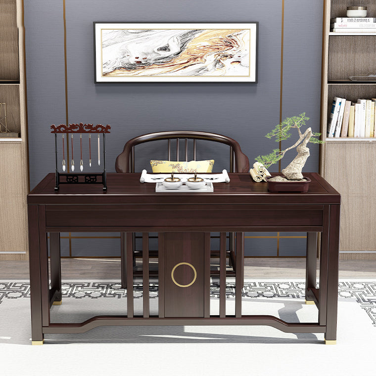 Traditional Chinese Solid Rubber Wood and Brass Rectangular Desk & Chair Set with Vertical Beam, 3-Drawer Storage for Home Office