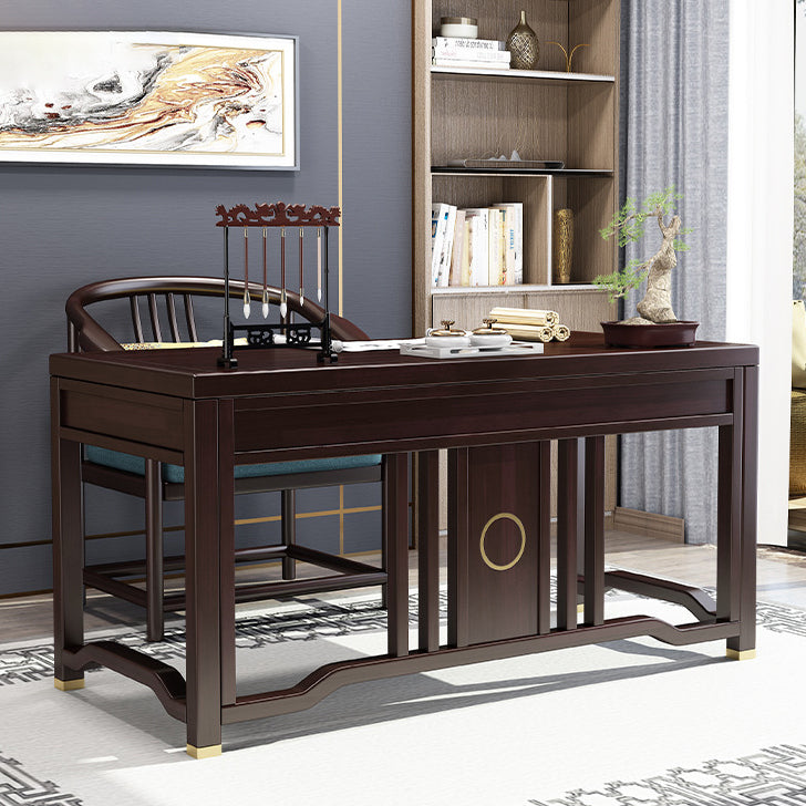 Traditional Chinese Solid Rubber Wood and Brass Rectangular Desk & Chair Set with Vertical Beam, 3-Drawer Storage for Home Office