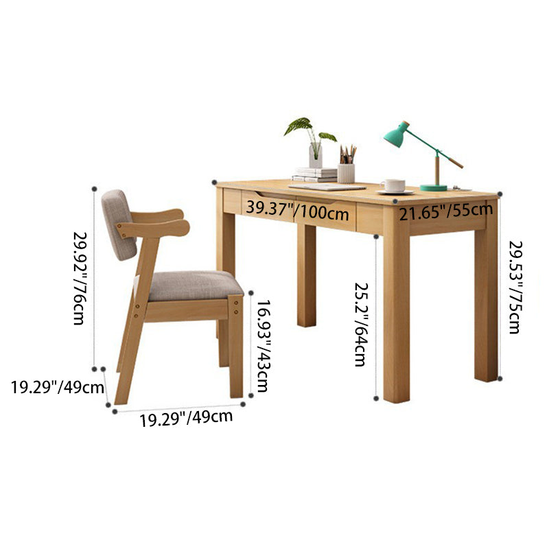 Modern Nordic Rectangular Desk & Chair Set in Rubber Wood & Pine – 2-Drawer Study Desk