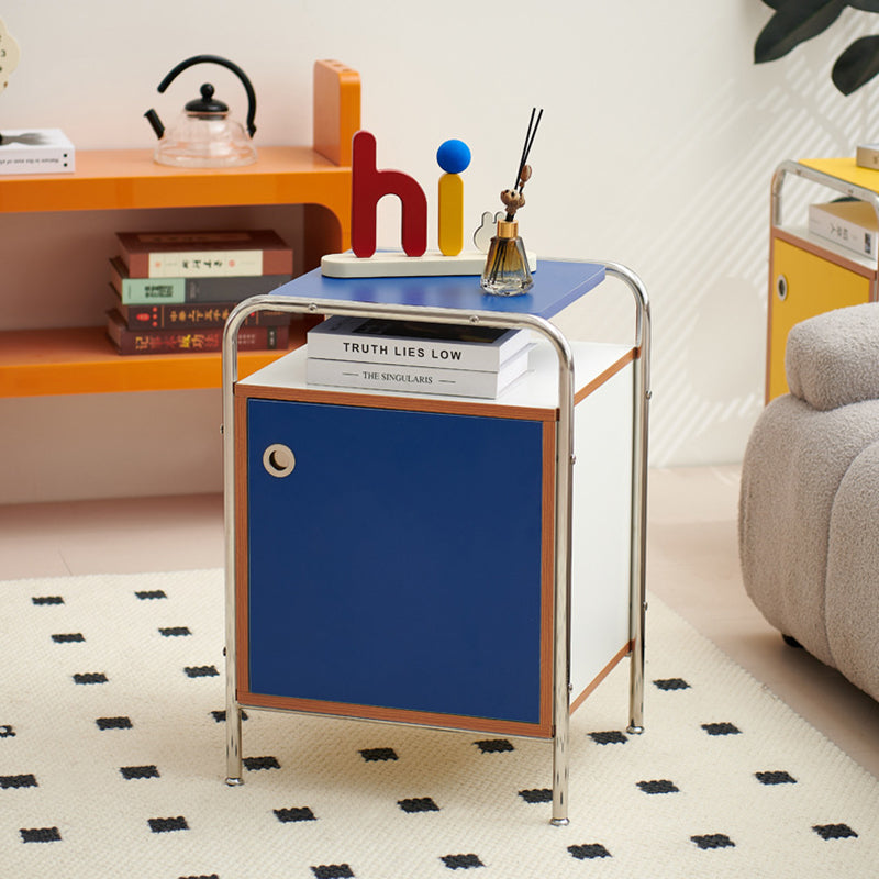 Modern Nordic Rectangular Wood and Stainless Steel Nightstand with One Cabinet – Bedroom Side Table