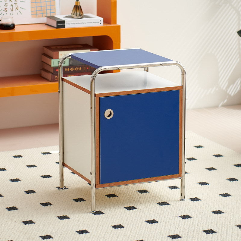 Modern Nordic Rectangular Wood and Stainless Steel Nightstand with One Cabinet – Bedroom Side Table