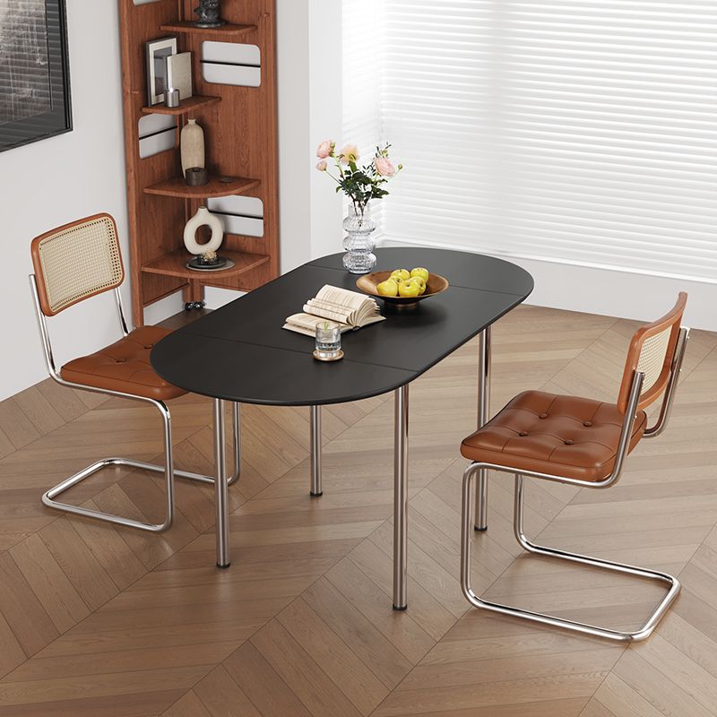 Modern Minimalist Foldable Oval Dining Table – Melamine-Faced Board, Wood & Stainless Steel, Seats 4