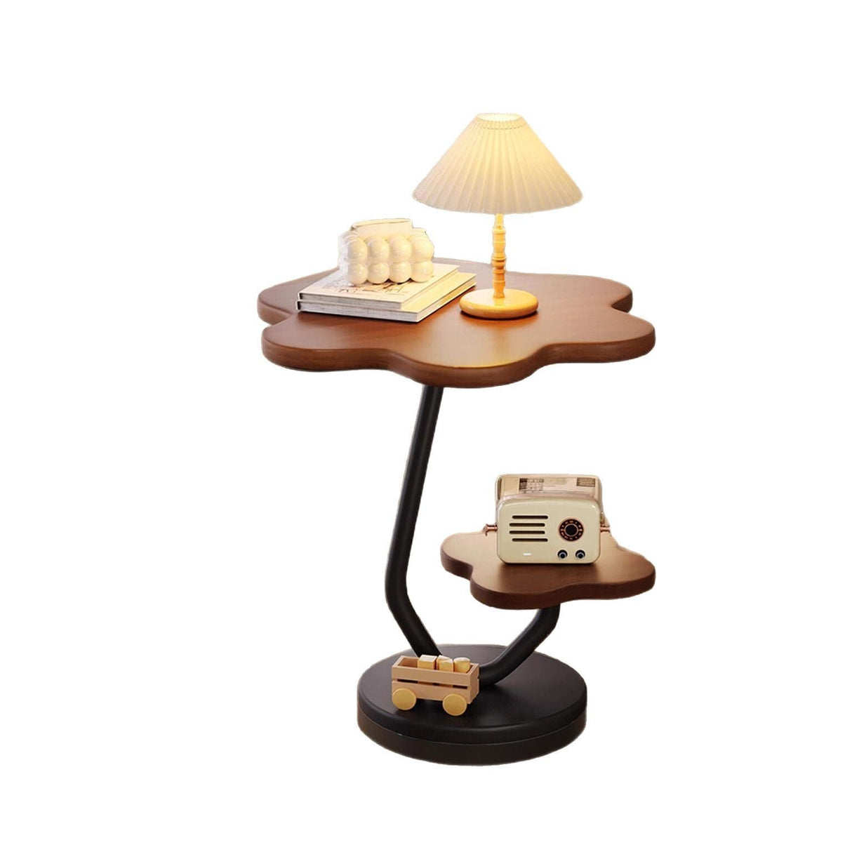 Contemporary Floral-Shaped 2-Tier Side Table in Carbon Steel & MDF for Living Room