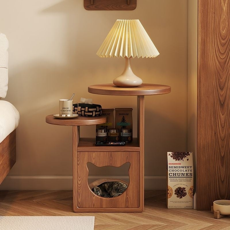 Contemporary Pine Wood Round Cat Bed Nightstand — 3-Tier Design for Bedroom