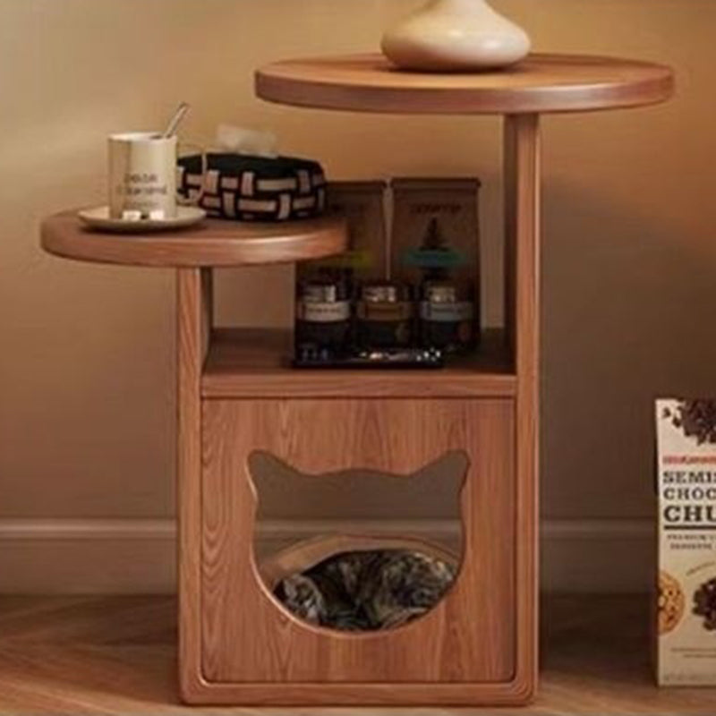 Contemporary Pine Wood Round Cat Bed Nightstand — 3-Tier Design for Bedroom
