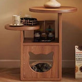 Contemporary Pine Wood Round Cat Bed Nightstand — 3-Tier Design for Bedroom