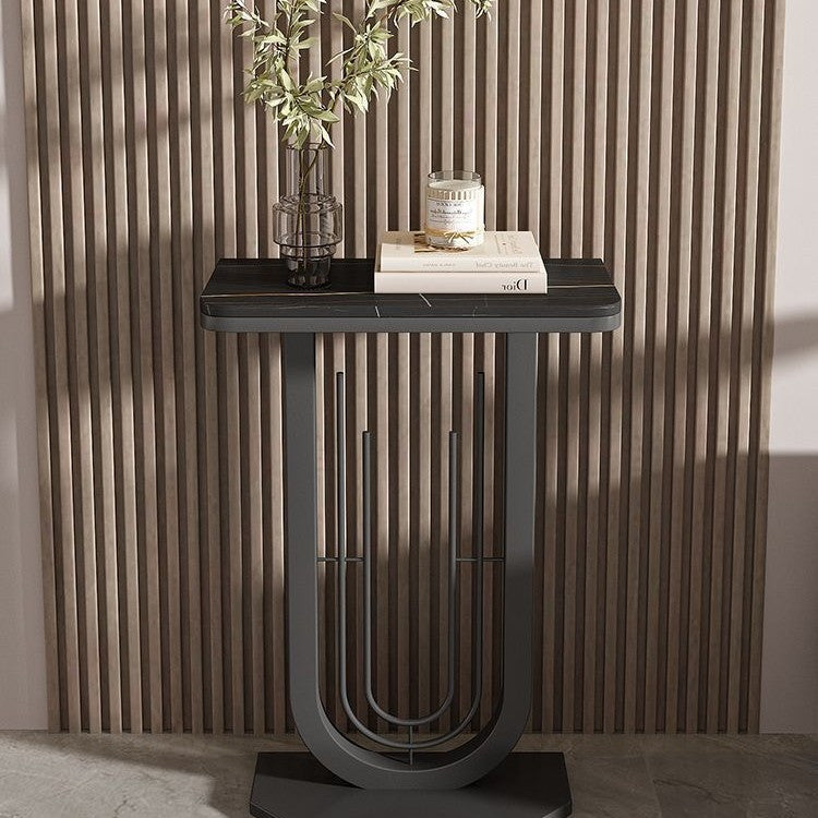 Sleek Modern Minimalist Rectangular Console Table with Sintered Stone Top and Carbon Steel Frame - 1-Tier Entryway Table