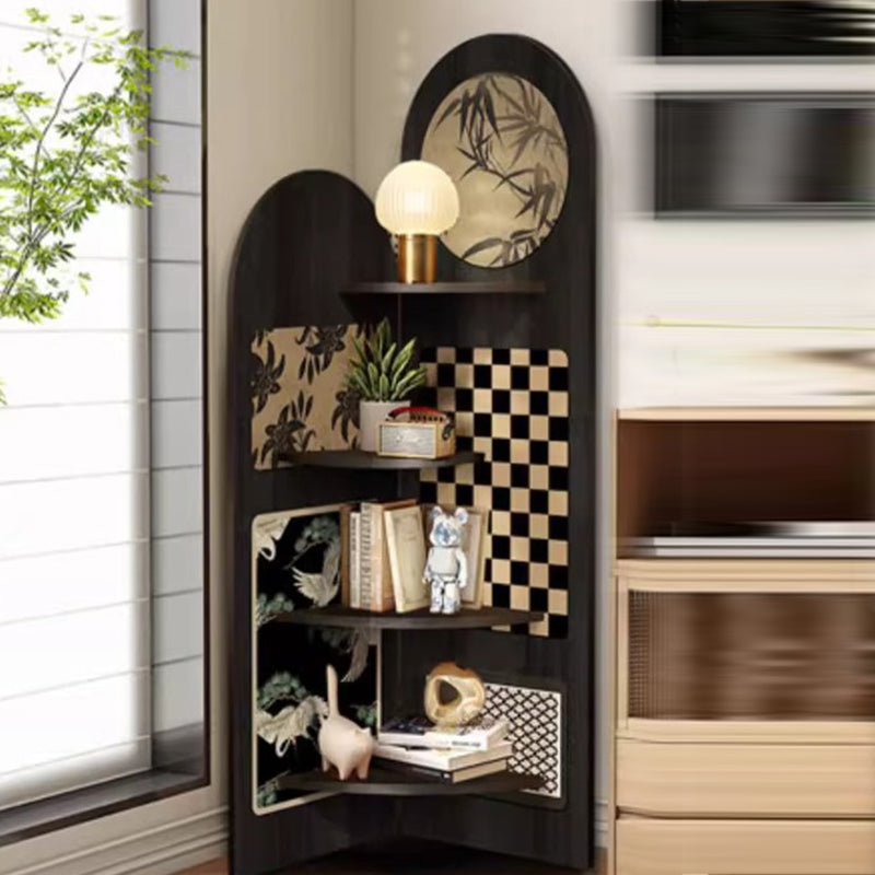 Traditional Chinese-Style Double-Arch MDF Corner Shelf Unit, 4-Tier for Living Room