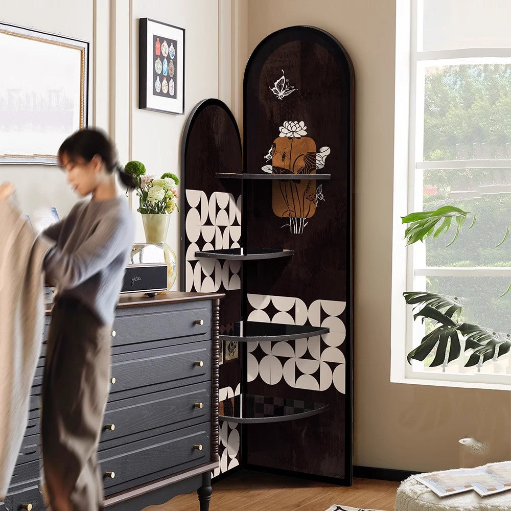 Traditional Chinese-Style Double-Arch MDF Corner Shelf Unit, 4-Tier for Living Room