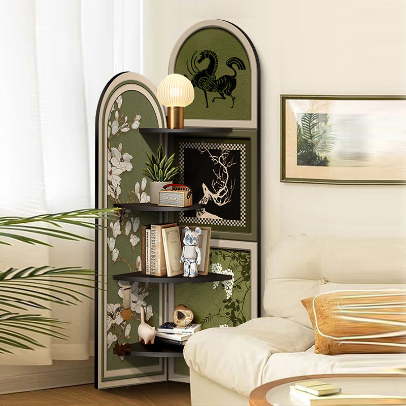 Traditional Chinese-Style Double-Arch MDF Corner Shelf Unit, 4-Tier for Living Room