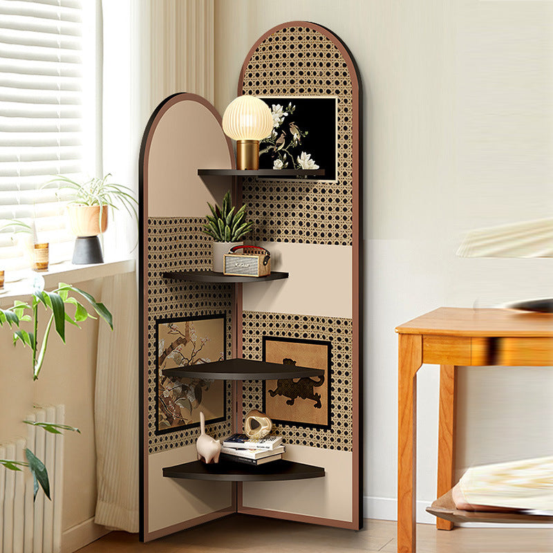 Traditional Chinese-Style Double-Arch MDF Corner Shelf Unit, 4-Tier for Living Room