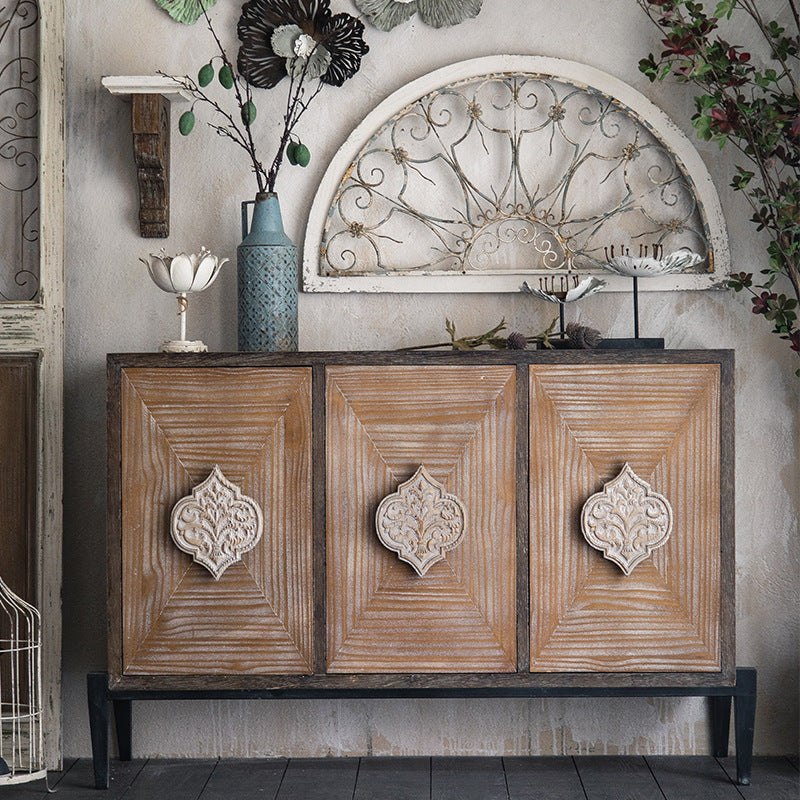Elegant Traditional Vintage Iron & Pine Rectangular Console Table with Three Cabinet Storage for Entryways and Living Rooms