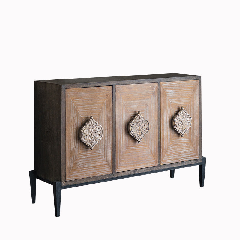 Elegant Traditional Vintage Iron & Pine Rectangular Console Table with Three Cabinet Storage for Entryways and Living Rooms