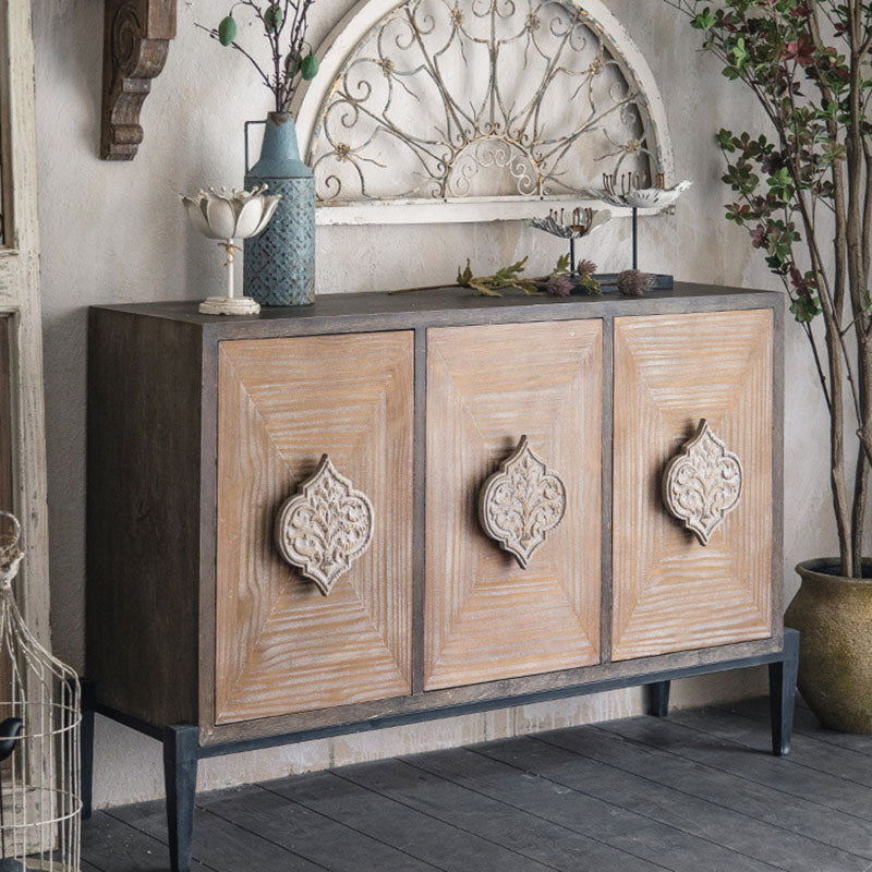 Elegant Traditional Vintage Iron & Pine Rectangular Console Table with Three Cabinet Storage for Entryways and Living Rooms