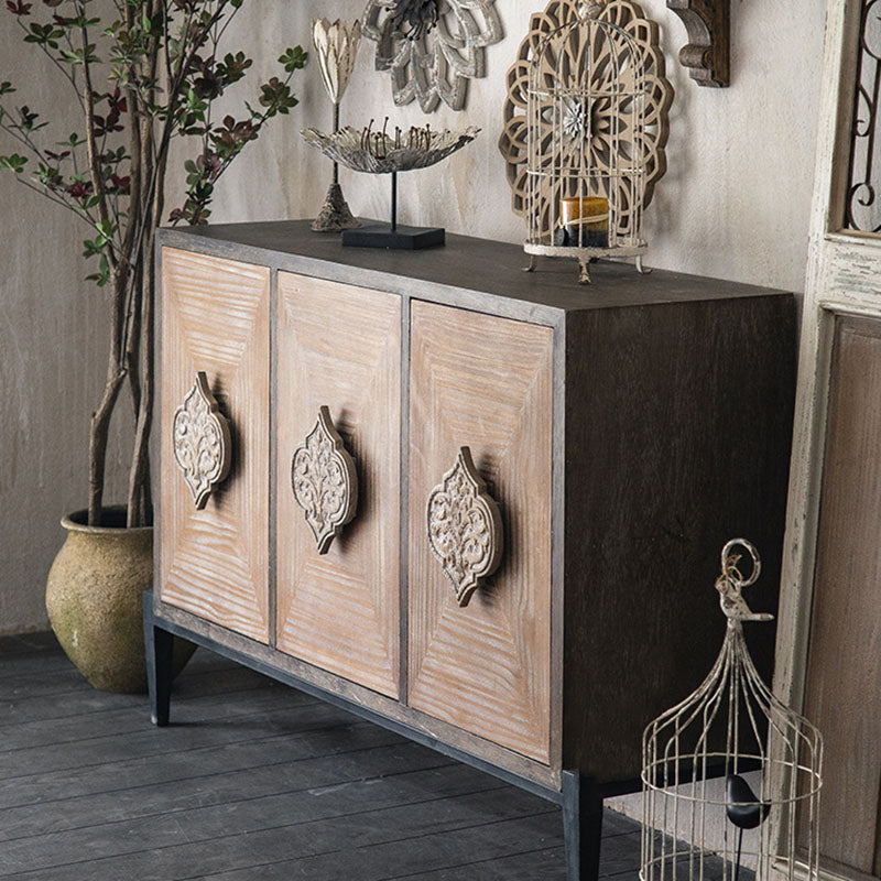 Elegant Traditional Vintage Iron & Pine Rectangular Console Table with Three Cabinet Storage for Entryways and Living Rooms