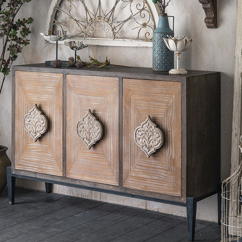 Elegant Traditional Vintage Iron & Pine Rectangular Console Table with Three Cabinet Storage for Entryways and Living Rooms