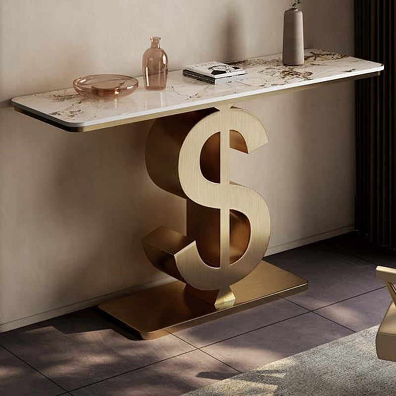 Contemporary Luxury Console Table with Sintered Stone Top and Stainless Steel Frame – Dollar-Shape Rectangle, 1-Tier, for Entryway, Living Room, and Bedroom