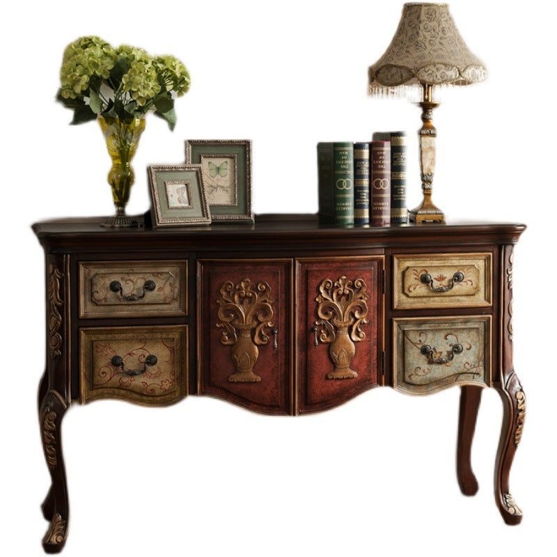 Elegant Traditional Vintage Rubberwood Rectangular Console Table With 4 Drawers And Cabinet – Ideal For Entryway, Living Room, Or Bedroom