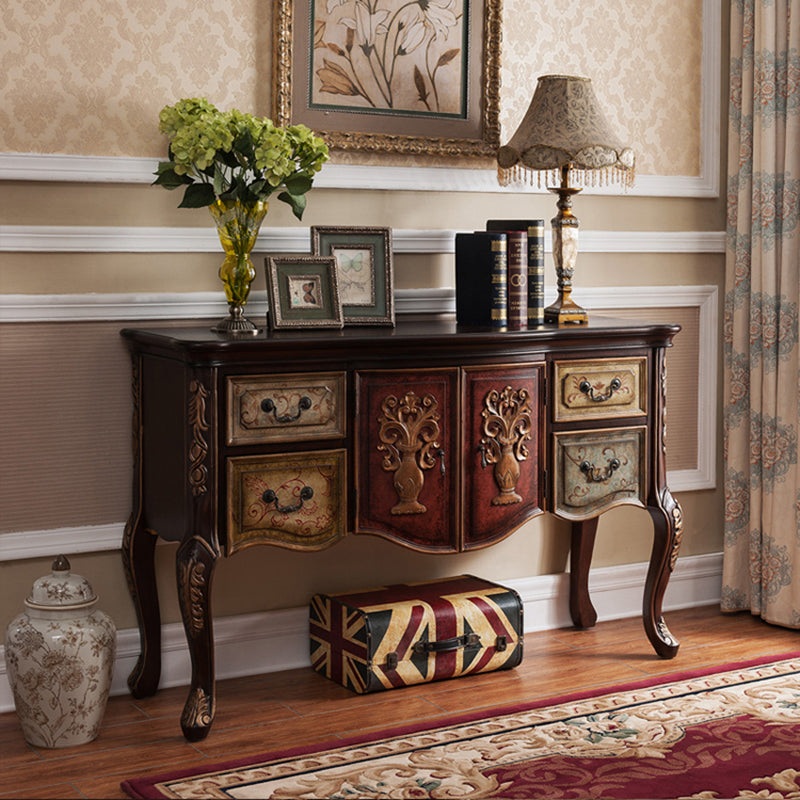Elegant Traditional Vintage Rubberwood Rectangular Console Table With 4 Drawers And Cabinet – Ideal For Entryway, Living Room, Or Bedroom