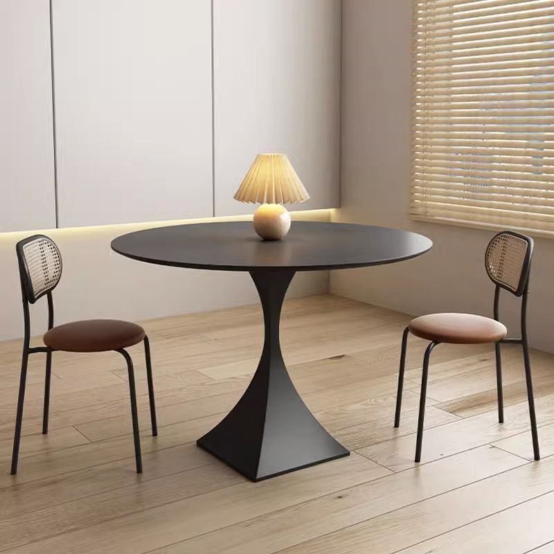 Modern Minimalist Round Dining Table with Ceramic Stone Slab and Carbon Steel Frame — Seats 2-8