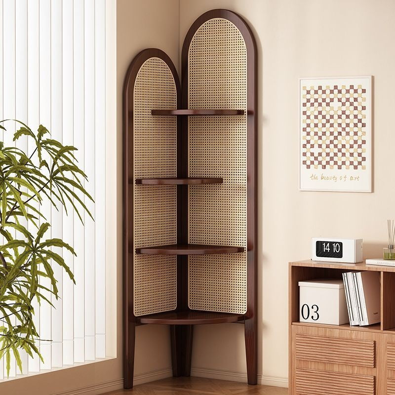 Traditional Chinese Fan-Shaped Curved Nan Bamboo Rattan Weave Corner Shelf Unit, 4-Tier Living Room Organizer