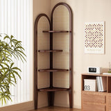 Traditional Chinese Fan-Shaped Curved Nan Bamboo Rattan Weave Corner Shelf Unit, 4-Tier Living Room Organizer