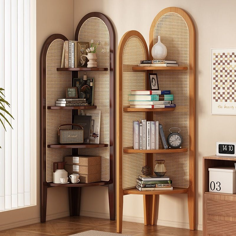 Traditional Chinese Fan-Shaped Curved Nan Bamboo Rattan Weave Corner Shelf Unit, 4-Tier Living Room Organizer
