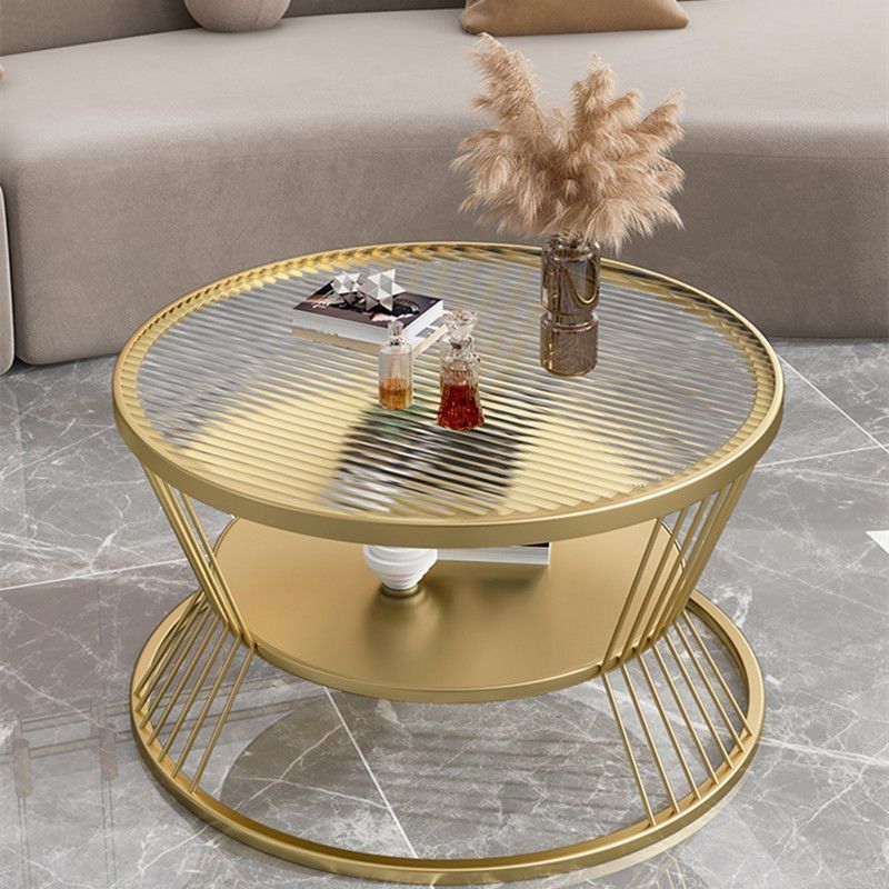 Modern Minimalist Round Tempered-Glass Coffee Table with Iron Frame, 2-Tier for Living Room